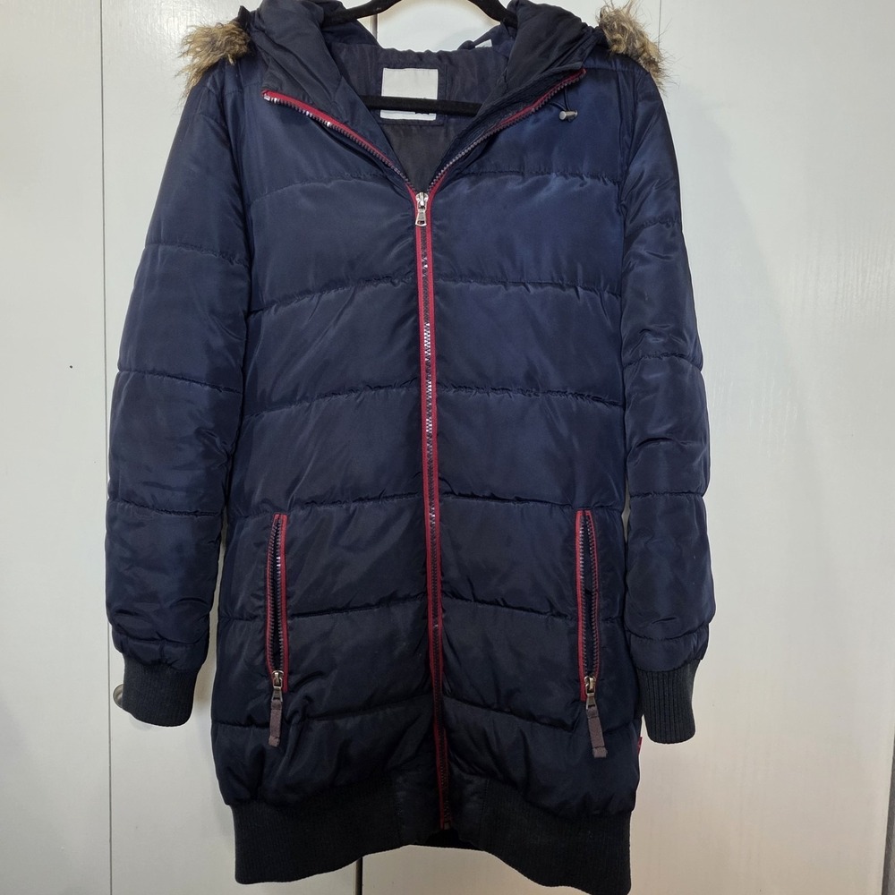 Levi Women's Puffer Coat S Navy Long Jacket Hooded Faux Fur urban utility scandi - Picture 2 of 12